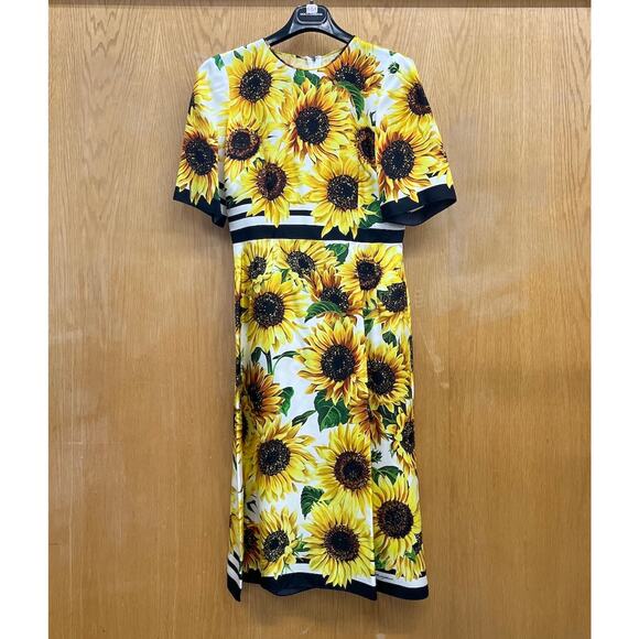 NWT Dolce & Gabbana Yellow Sunflower Floral Print Silk Twill Midi Dress IT 42 M - Picture 5 of 10